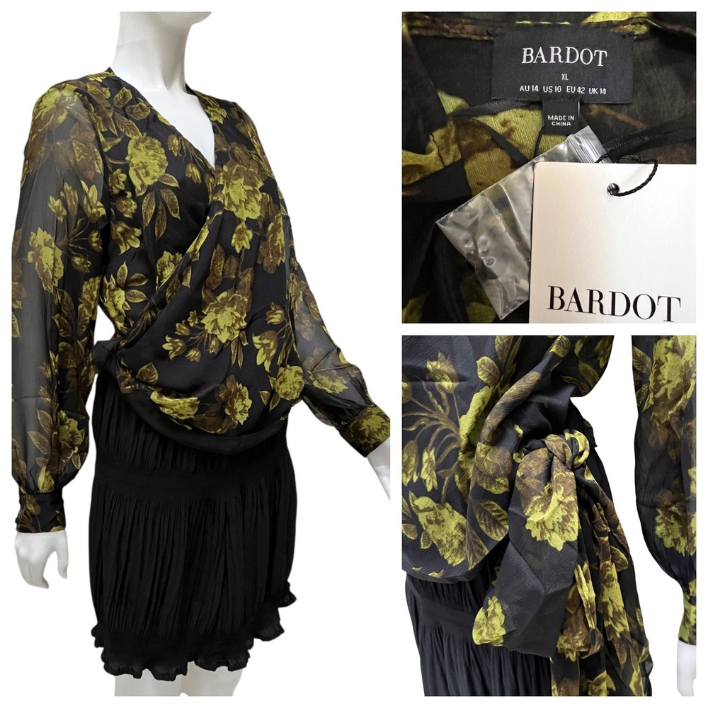 Bardot Diana Floral Georgette Wrap Top XL Black Olive Gold Balloon Sleeve NWT